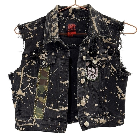 TRIPP NYC Skull Cheetah Print Denim Studded Patchwork Vest Size Small VGUC - Picture 6 of 8